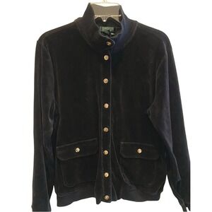 Lauren Ralph Lauren Bomber Jacket Women XL Cotton Velour Black Gold Crest Button